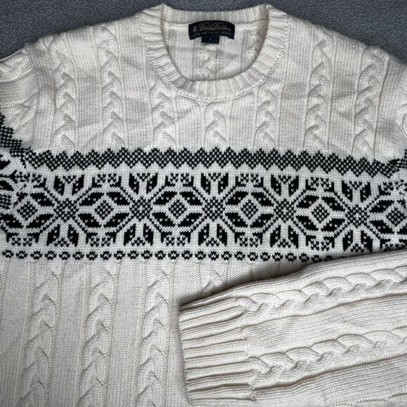 Brooks Brothers Sweater Mens Large Ivory Black Cable Knit Fair Isle Merino Wool - Picture 4 of 13